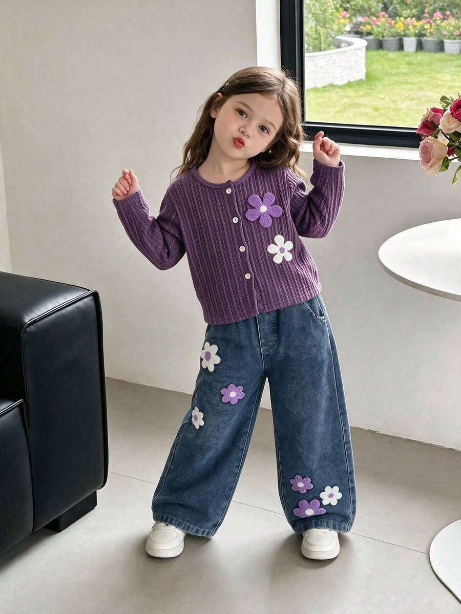 Bộ 2 món cho bé gái phong cách thường ngày ngọt ngào cá tính, áo khoác tay dài cổ tròn họa tiết hoa 3D dập nổi và quần jean ống đứng lưng thun, xuân/thu - Màu tím - Xem 1