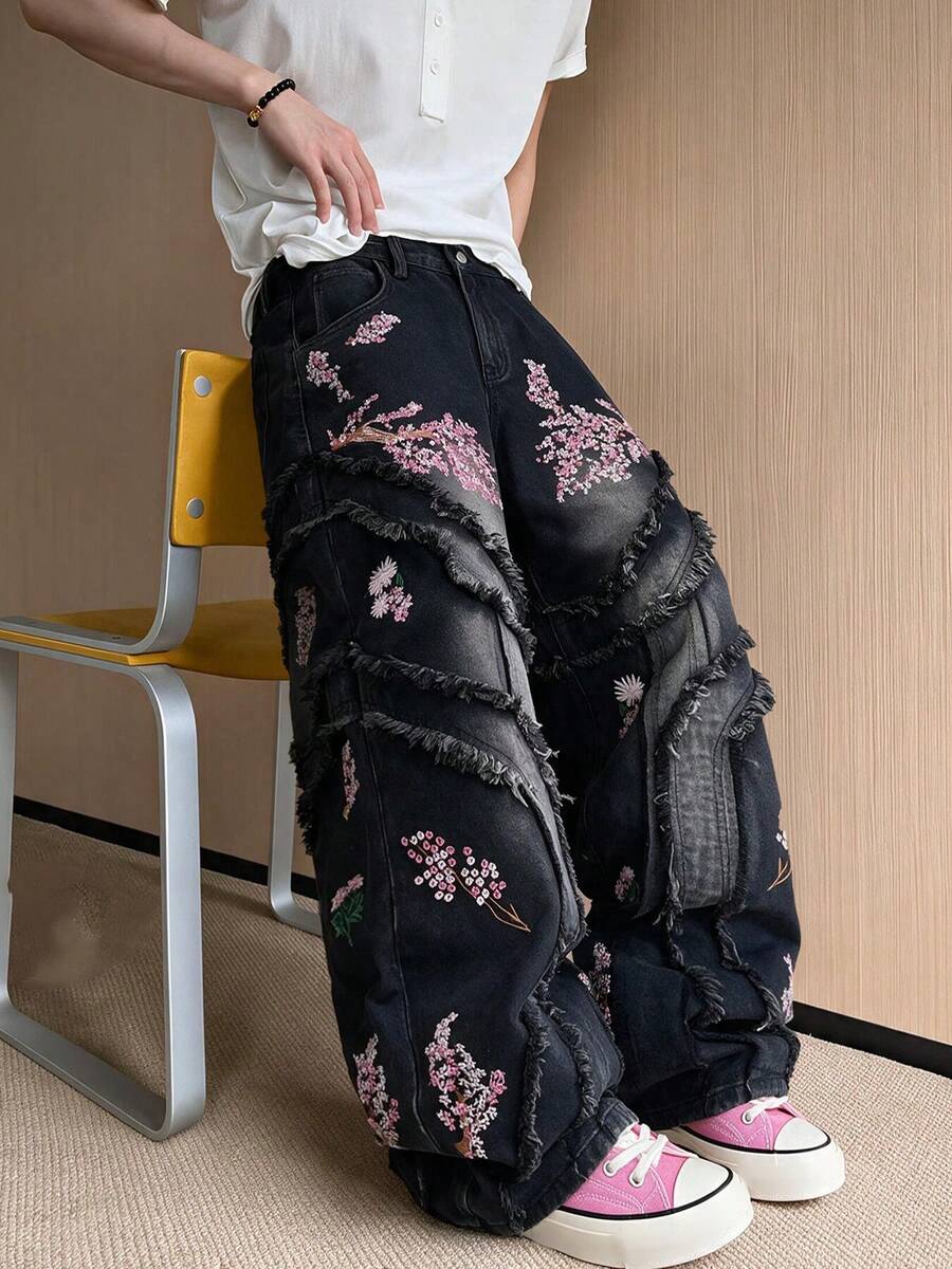 Spring Hong Kong Style Men's Denim Jeans Patchwork Design With Fresh Embroidery Wide Leg Pants Versatile Loose Fit All Season Long Pants 1pc | Belt & Accessories Not Included - Black - View 1