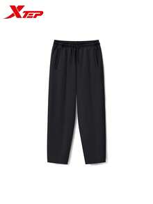 Celana Sweatpants Rajut Kasual XTEP Longgar Model Cocoon Fit Celana Olahraga Modis Warna Hitam Polos - Hitam sejati - View 2