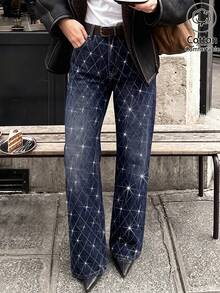 Women's Dark Blue High Waist Diamond Rhinestone Straight Leg Jeans, Plaid Rhinestone Design, Commute Party Casual Straight Leg Pants - Dark Wash - View 5