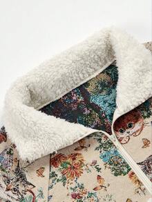 Women's Winter Floral Cat Print Half-Zip Fleece Jacket, Beige, Comfortable Regular Sleeve Short Woven Jacket, Suitable For Autumn Wear, Woven Fabric 270g - Beige - View 8