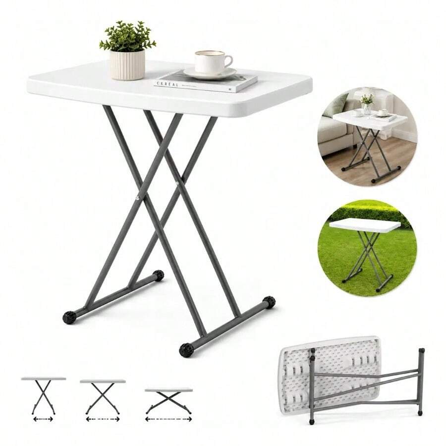 Mesa Plegable Multiusos 76x49 cm con Altura Ajustable en 8 Niveles, Mesa Auxiliar Resistente para Interior y Exterior, Jardín, Hogar, Lavandería y Escritorio - Blanco - Ver 1