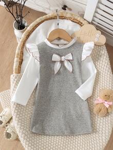 1pc Baby Girl Gentle Minimalist Bow Flutter Sleeve Stand Collar Straight Long Sleeve Dress, Thin For Spring And Autumn - Grey - View 1