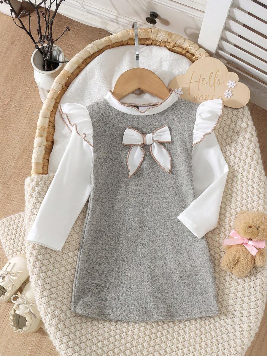 1pc Baby Girl Gentle Minimalist Bow Flutter Sleeve Stand Collar Straight Long Sleeve Dress, Thin For Spring And Autumn - Grey - View 1