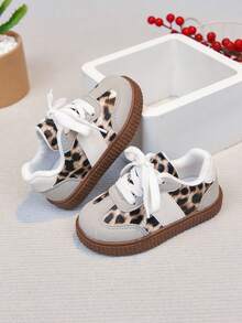 New Vintage Leopard Print Patchwork Lace-Up Sneakers, Soft Non-Slip Rubber Sole, Breathable Lining, Suitable For Daily Walking, Outdoor Play, Toddler Shoes - Light Grey - View 5