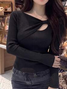 Autumn/Winter New French Sweet Style Women's Solid Color Knitted Base Layer Slim Fit Sweater - Black - View 3