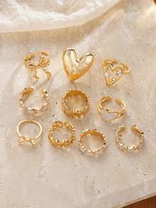 10pcs Fashion Vintage Exaggerated Sweet Cool Girl Oil Drop Heart Bow Rhinestone Wide Band Stackable Ring Set, Women's Daily Wear, Vacation, Travel, Party, Gift Choice - Yellow Gold - View 5