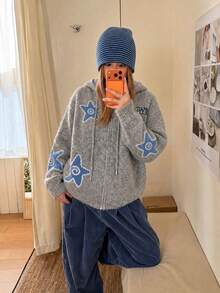 Women's American Retro Loose Fit Hooded Star Pattern Slouchy Cardigan Sweater Jacket, Casual Autumn/Winter Top - Grey - View 2