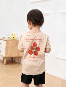 Baby Girl "Farmers Market" Tomato Print Short Sleeve T-Shirt, Casual Round Neck Top - Apricot - View 3
