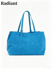 Women's Solid Color Faux Suede Tote Shoulder Bag, Adjustable Strap, Zipper Closure, Large Capacity, Minimalist Casual, Commute, Daily Shopping Handbag - Blue - View 6