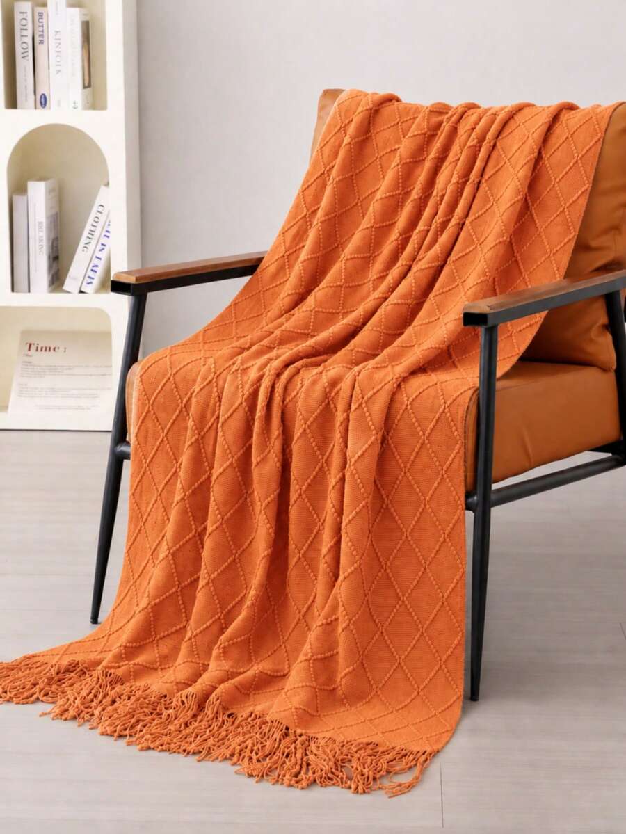 1pc Solid Color Knitted Blanket, Nordic Style Tassel Design Soft Blanket, Suitable For Office Nap, Bed, Sofa, Daily Use - Caramel - View 1