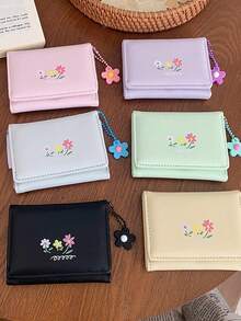 Dompet Motif Bunga Kecil yang Modis, Dompet Bermotif Gaya Mori Minimalis, Dompet Lipat Tiga Wanita Kapasitas Besar, Dompet Tempat Kartu Lipat - MultiWarna - View 1