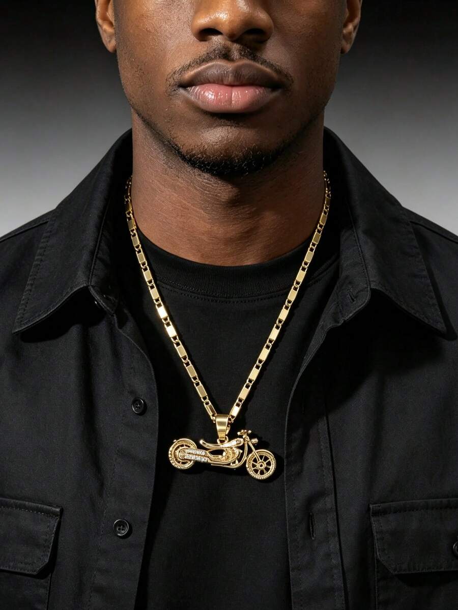 1pc Fashionable Personalized Hip-Hop Motorcycle Style Men's 3D Motorcycle Pendant Necklace, Versatile Motorcycle Design Pendant Charm, Men's Holiday Gift - Yellow Gold - View 1