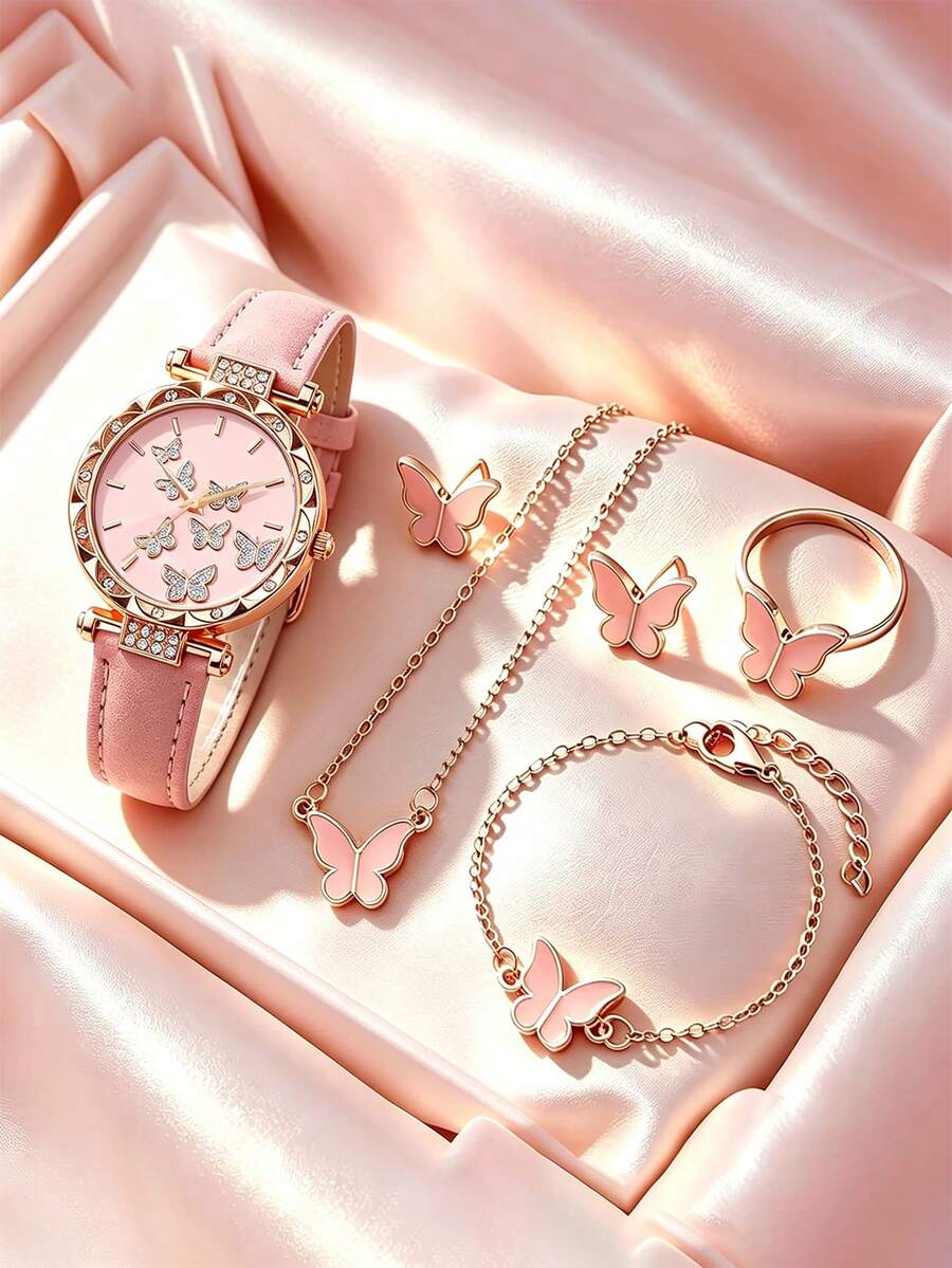 6pcs/Set Pink Butterfly Decor Cute Girls Watch Set, Daily - Pink - View 1