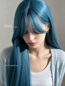 1 Piece Synthetic Heat-Resistant Straight Hair 28 Inch Long Straight Mint Blue Wig Middle Part Bangs Natural Looking Soft Heat Resistant Wigs For Party Daily Use, Halloween - Multicolor - View 2