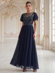 EVERPRETTY Elegant Luxury Heavy Beaded Embroidery Lotus Sleeve A-Line Chiffon Patchwork Navy Blue Formal Evening Gown Suitable For Dinner Party Wedding Guest Anniversary - Navy Blue - View 2
