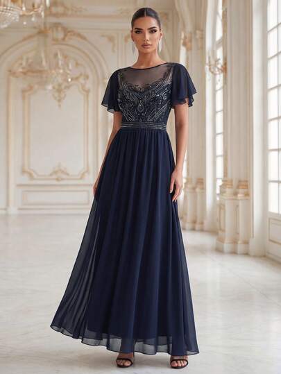 EVERPRETTY Elegante Vestido de Noche Formal de Lujo con Bordado Pesado de Cuentas, Manga de Loto, Silueta A, Gasa con Patchwork Azul Marino, Adecuado para Cena, Fiesta, Invitada de Boda, Aniversario