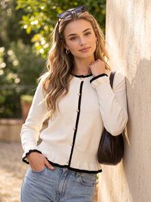 Women's Sweet Knitted Cardigan, Apricot Color Contrast Trim, Round Neck, Pearl Button, Ruffle Hem, Cuffed Waist, Versatile Knit Jacket For Office Commute, Date, Afternoon Tea, Shopping And Travel - Apricot - View 4