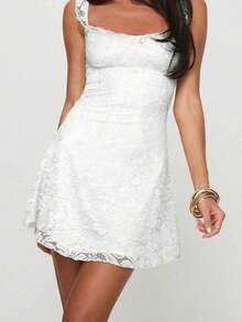 Elegant Fashion Ruffle Strap Bow Knot Lace Patchwork Sleeveless Fitted Mini Slip Dress White Summer Party - White - View 2