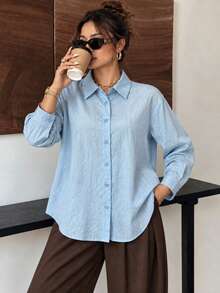 Kemeja Wanita Ukuran Besar Warna Biru Langit Bahan Linen Lengan Panjang dengan Kancing Depan, Potongan Longgar, Lembut, Bernapas, Ringan, Atasan Kasual - Biru langit - View 5