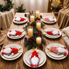 1/3/6pcs Holiday Christmas Tableware Holder - Santa Claus And Gnome Design Fabric Tableware Organizer With Heart Accents, Red And White Stripes And Polka Dot Patterns, For Holiday Dinner Decoration, Christmas Table Decor, Tableware Not Included - Multiple Styles - View 2