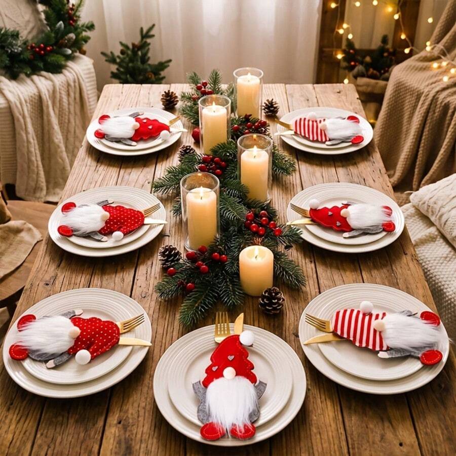 1/3/6pcs Holiday Christmas Tableware Holder - Santa Claus And Gnome Design Fabric Tableware Organizer With Heart Accents, Red And White Stripes And Polka Dot Patterns, For Holiday Dinner Decoration, Christmas Table Decor, Tableware Not Included