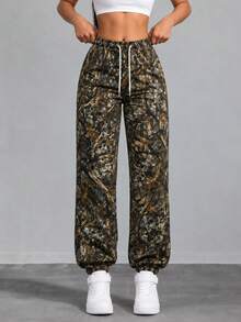 AODSR Women Camouflage Jogger Pants Drawstring Elastic High Waist Loose Fit Tapered Leg Casual Streetwear Outdoor Trousers - Grey - View 5