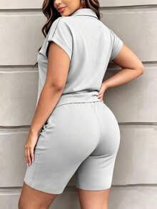 Women's New Fashion 2-Piece Casual Set, Solid Color Short Sleeve Top And Heart Print Shorts, Spring/Summer/Autumn Outfit For Women Elegant - Light Gray 84 - View 4