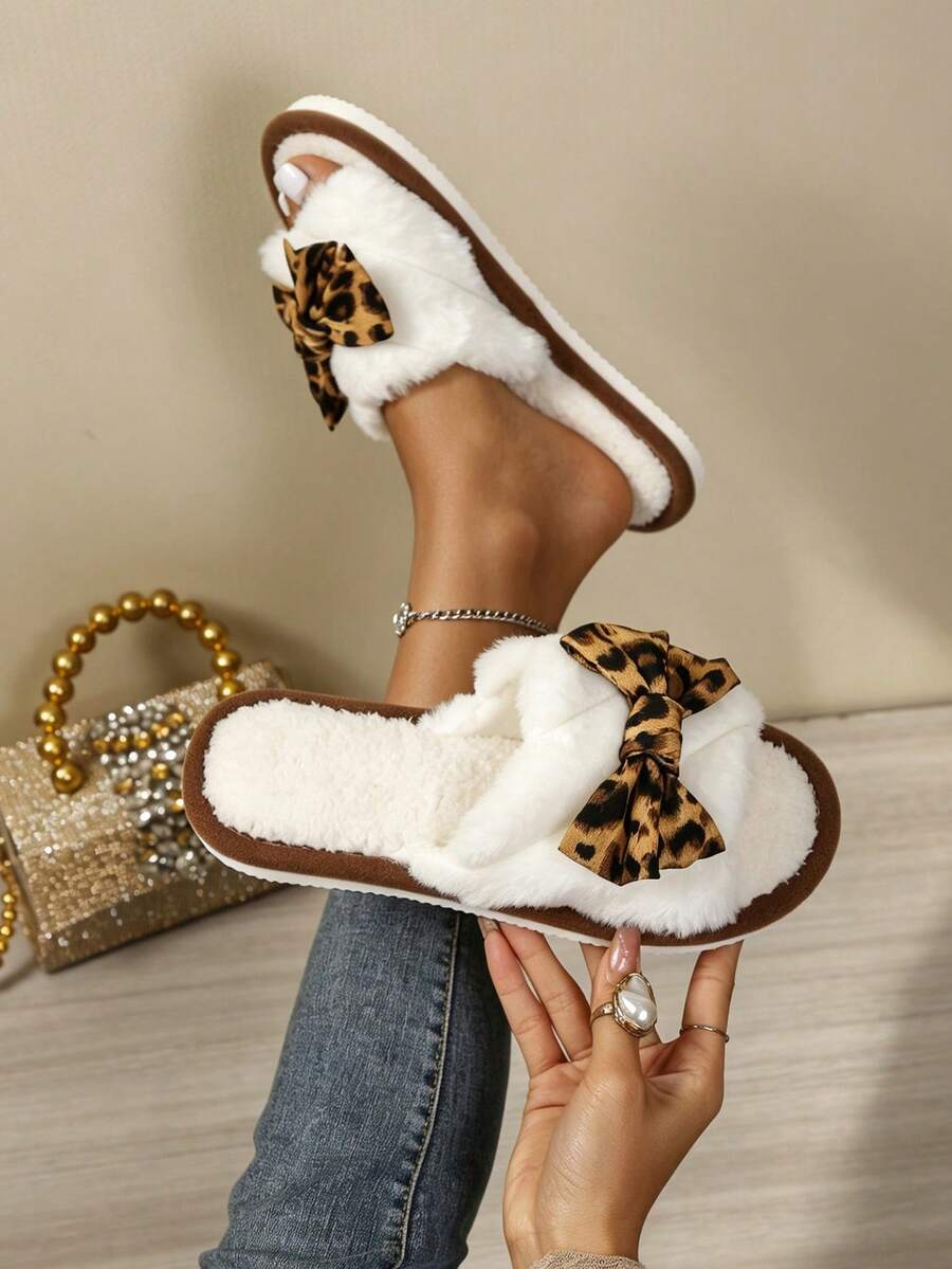 Girl Style Leopard Print Bow Plush Open Toe Fuzzy Slippers For Indoor Home Use