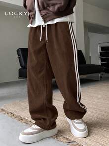 1pc Men's Simple College Style Corduroy Comfortable Loose Drawstring Straight Leg Casual Long Pants - Brown - View 1