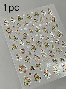 1pc Fall Winter Christmas 3D Embossed Christmas Tree Wreath Nail Stickers, Gold/Silver Color Options, 3D Christmas Tree Snowflake Bow Holly Pattern, Autumn Winter Christmas Nail Art Decoration Stickers, Nail DIY Decals - Multicolor - View 5