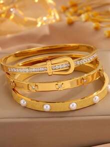 3/1pcsGold-Tone Stainless Steel Bangle, Matte Pearl, Rectangular Zirconia & Clover Embellishment, Elegant Statement Adornment - Gold - View 14