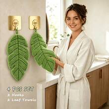 4pcs Banana Leaf Pattern Hand Towel Set, Includes 2 Coral Fleece Leaf Hand Towels And 2 Wall-Mounted Hooks, Soft, Absorbent, Quick-Drying, Hangable, Suitable For Kitchen, Bathroom Use, Also As Home Decor, Especially For Plant Lovers - Mint Green - View 1