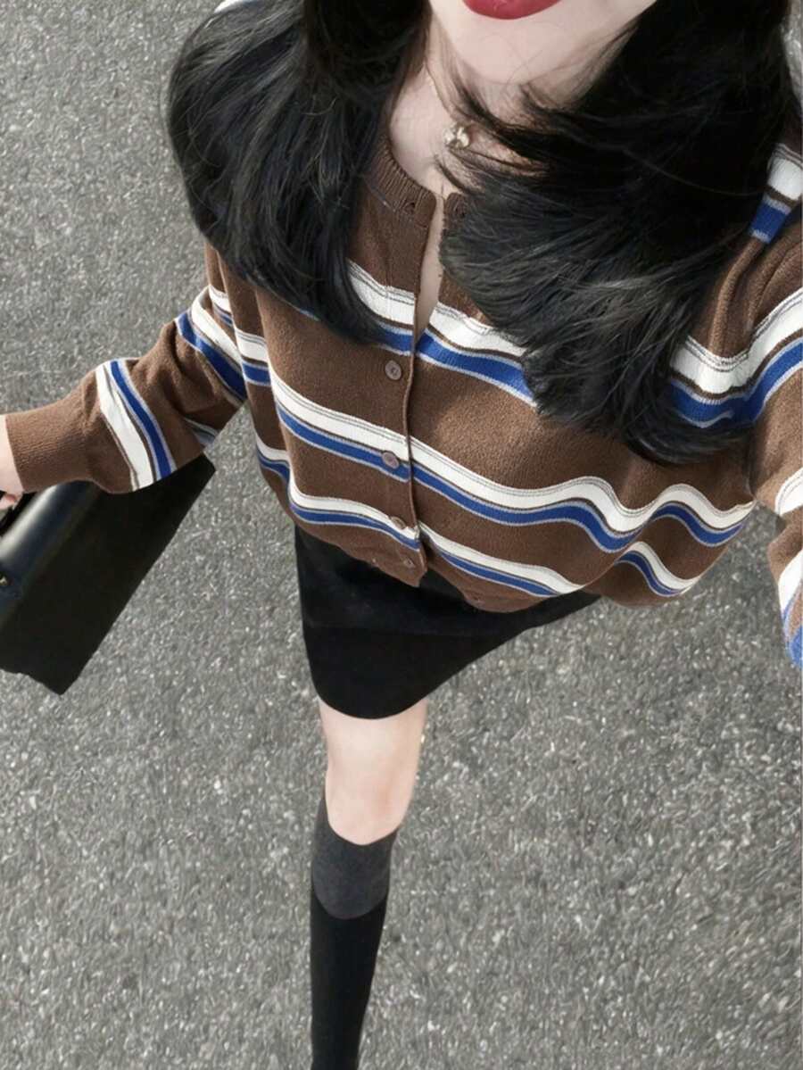 Women's Autumn Korean Style Vintage Youthful Round Neck Single-Breasted Long Sleeve Striped Knit Cardigan - Coffee Brown - View 1