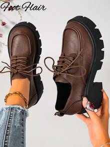 Foot Flair Women's Brown Lace-Up Round Toe Classic Versatile Shoes, Sizes 35-43 Available - Brown - View 2
