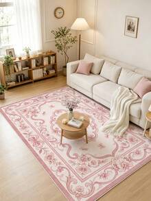 1pc Pink Floral French Cream Style Faux Wool Living Room Rug, Soft Non-Slip Wear-Resistant, Suitable For Living Room, Bedroom Holiday Decor, Office, Non-Slip Door Mat, Bathroom, Hallway, Study Area Rug. - Pink - View 1
