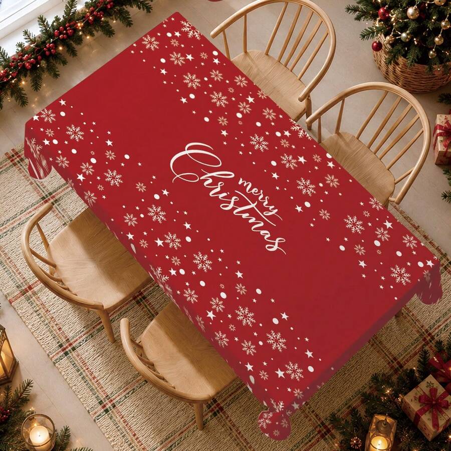 1pc Christmas Minimalist Red Snowflake Merry Christmas Pattern Tablecloth, Stain-Resistant Dining Table Decor Cloth, Suitable For Kitchen, Dining Table, Coffee Table, TV Cabinet, Entryway, Party Holiday Decoration, Home Decor, Christmas Gathering - Multicolor - View 1