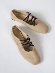 Ladies' Cross Elastic Band Design Ballet Shoes, Fashionable And Simple Square Toe Flat Sole Shoes, Daily Lightweight And Versatile Casual Shoes - Khaki - View 1