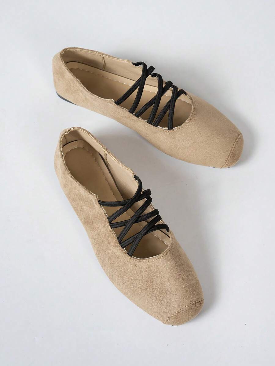 Ladies' Cross Elastic Band Design Ballet Shoes, Fashionable And Simple Square Toe Flat Sole Shoes, Daily Lightweight And Versatile Casual Shoes - Khaki - View 1