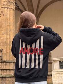 Women's Black AMORE Striped Letter Print Sweatshirt Sweatshirt, Autumn Street Style Casual Long Sleeve Pullover - Black - View 1