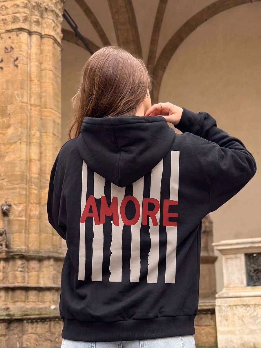 Women's Black AMORE Striped Letter Print Sweatshirt Sweatshirt, Autumn Street Style Casual Long Sleeve Pullover - Black - View 1