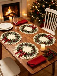 1/2/4pcs Christmas Placemats, Lace Design, Berry And Bow Elements, Bamboo And Linen Material, Suitable For Christmas Decoration, Table Decoration, Holiday Decoration, Holiday Party - Multiple Styles - View 4