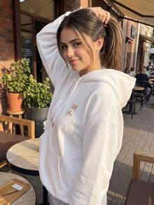 Sweatshirt Pullover Berkerudung Putih Wanita, Motif Ikan Koi Emas Lengan Panjang Bergaris dengan Saku Gaya Streetwear, Musim Gugur/Dingin - Putih - View 3