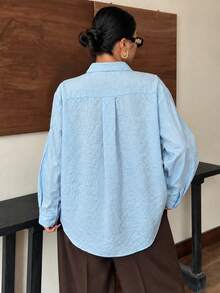 Kemeja Wanita Ukuran Besar Warna Biru Langit Bahan Linen Lengan Panjang dengan Kancing Depan, Potongan Longgar, Lembut, Bernapas, Ringan, Atasan Kasual - Biru langit - View 7