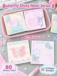 4pcs Multicolor Butterfly & Rose Sticky Notes, 80 Sheets, Cute Memo Pads For Journaling, Study, School & Office - one-size - View 4