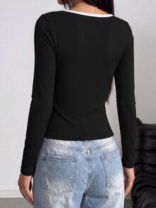 1pc Women's Colorblock Trim Square Neck Ribbed Long Sleeve T-Shirt, Casual Basic Slim Fit Top - Black - View 5