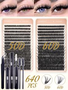 640 Clusters D Curl Segmented Eyelash Set - Includes Eyelash Adhesive & Fixing Liquid, Eyelash Brush & Auxiliary Tweezers; Natural Style Segmented Eyelashes (30D-100D, Length 10-18mm, Thickness 0.07mm), Suitable For Home DIY - Multicolor - View 13