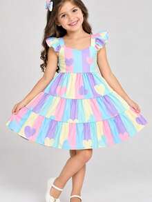 Vestido Multicolorido Infantil e Adolescente com Babados nas Mangas Menina 4 a 16 Anos - Multicolorido - Visão 4