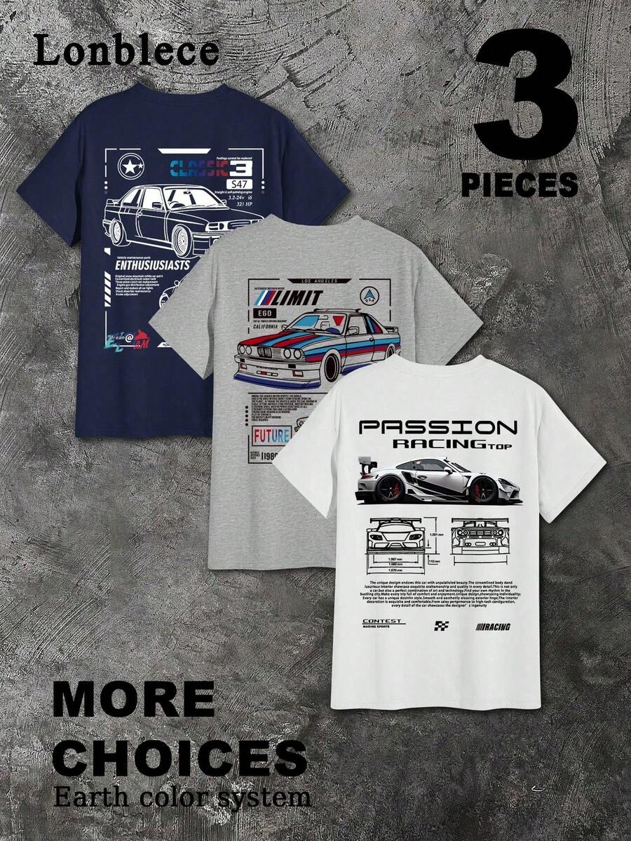 Lonblece 3pcs Unisex Casual Comfortable Round Neck T-Shirts Tees With Racing Element Print - Multicolor - View 1