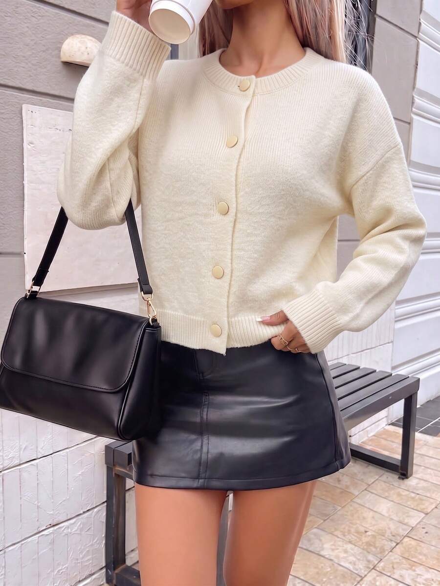 Women's Autumn/Winter Fashion Knit Cardigan, Minimalist Solid Color Loose Round Neck Drop Shoulder Long Sleeve Casual Home Daily Basic Sweater Jacket - Apricot - View 1